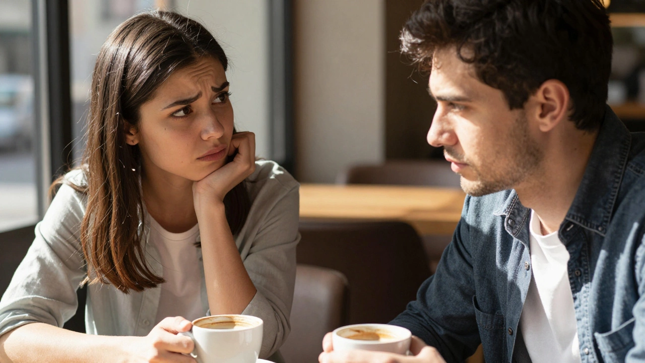 Couple at cafe table avoiding eye contact, showing emotional disconnect