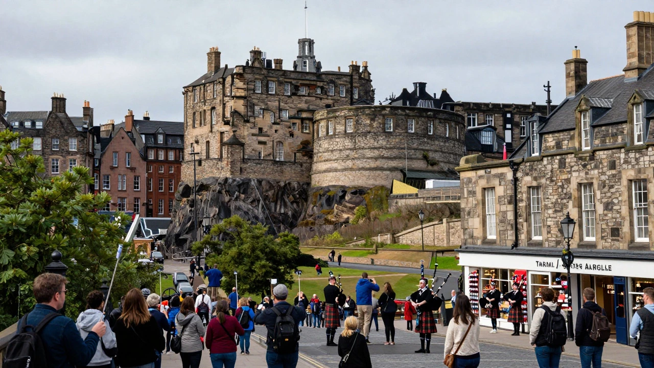 Edinburgh Castle and Royal Mile packed with tourists and street performers