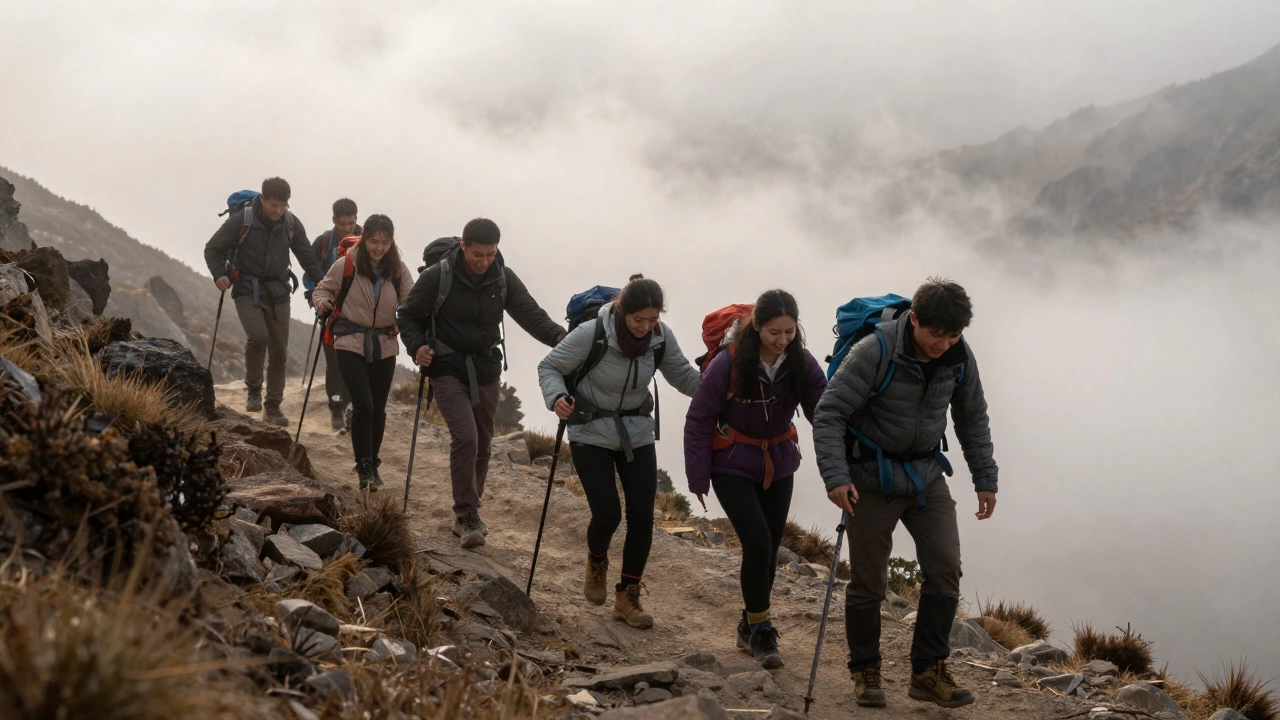 Group of friends hiking together on a misty mountain trail
