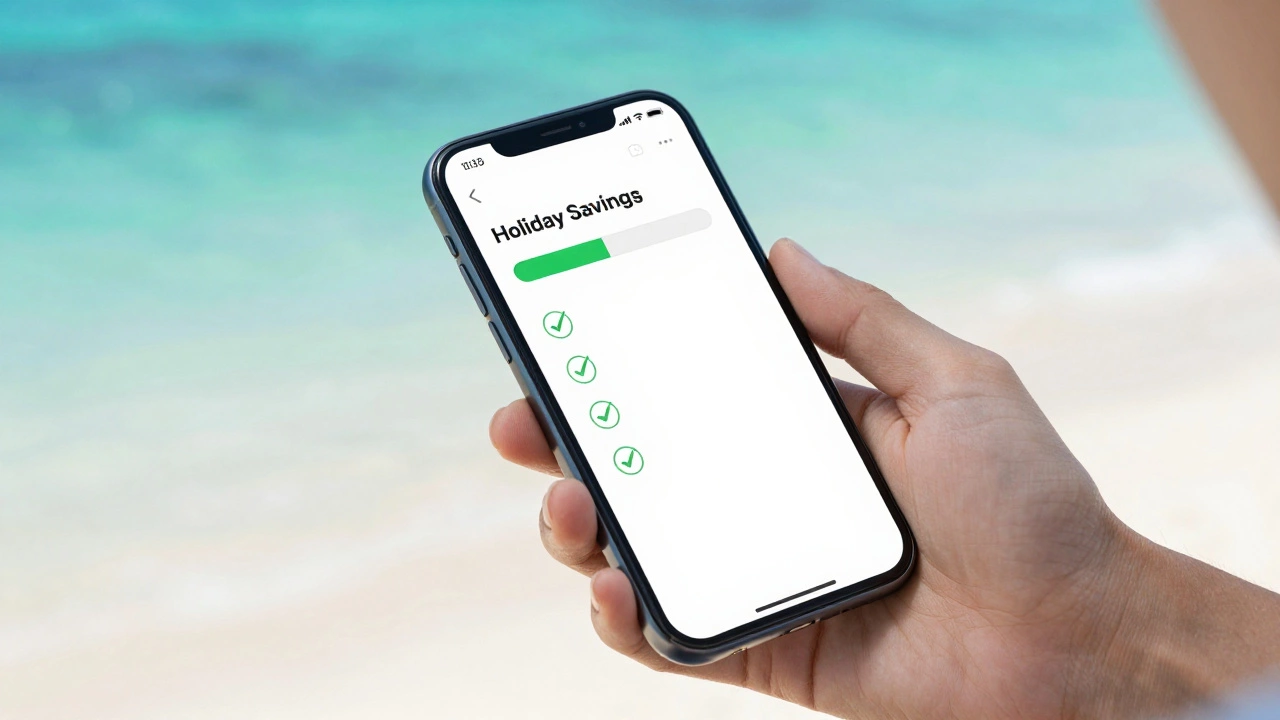 Hand holding smartphone showing holiday finance approval with blurred beach background.