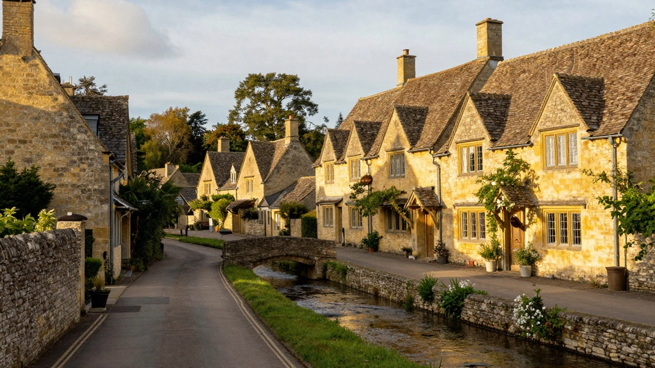 Honey-colored stone cottages in a Cotswolds village