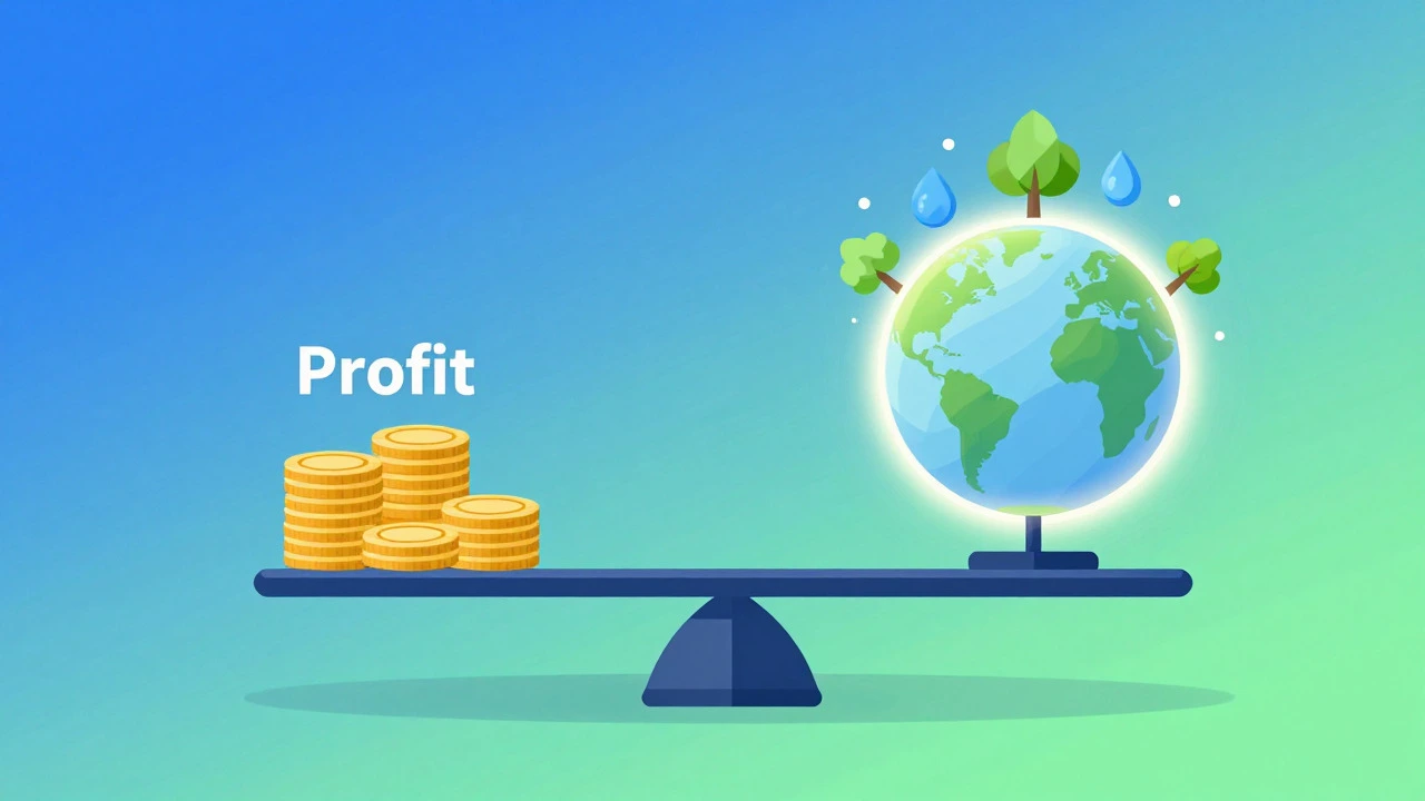 Illustration of a balanced scale showing profit and environmental impact.