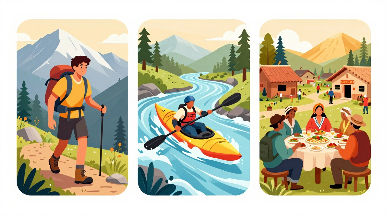 Illustration of hiking, kayaking, and cultural immersion activities