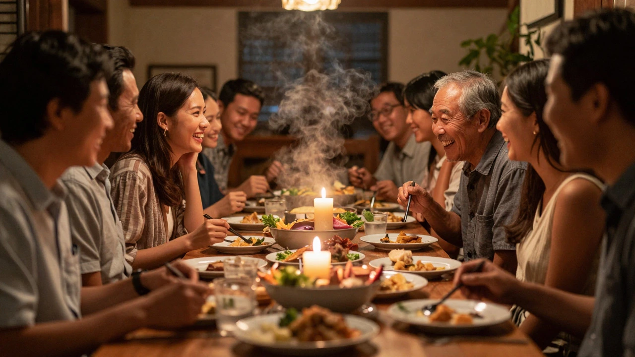 Mixed-age group of travelers laughing and sharing a meal at a rustic table