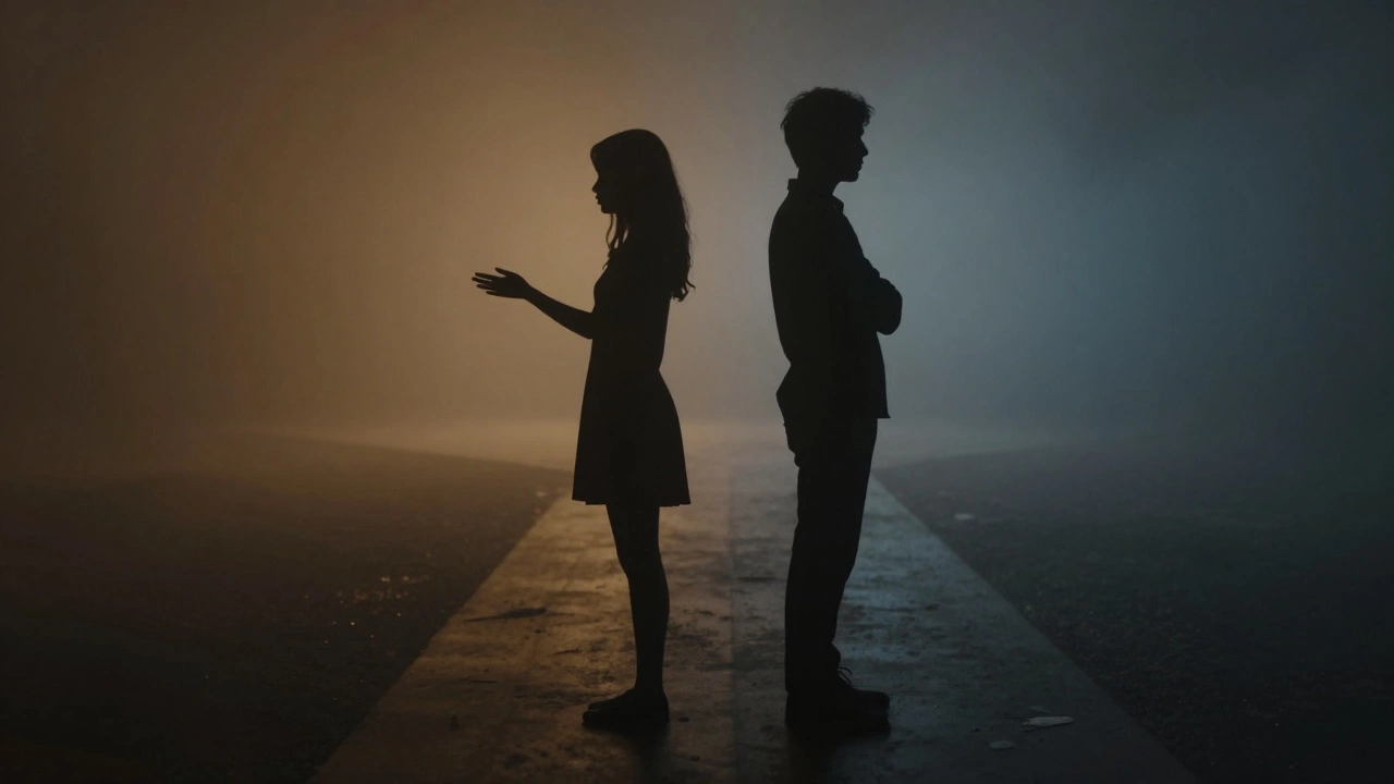 Silhouettes drifting apart showing emotional distance