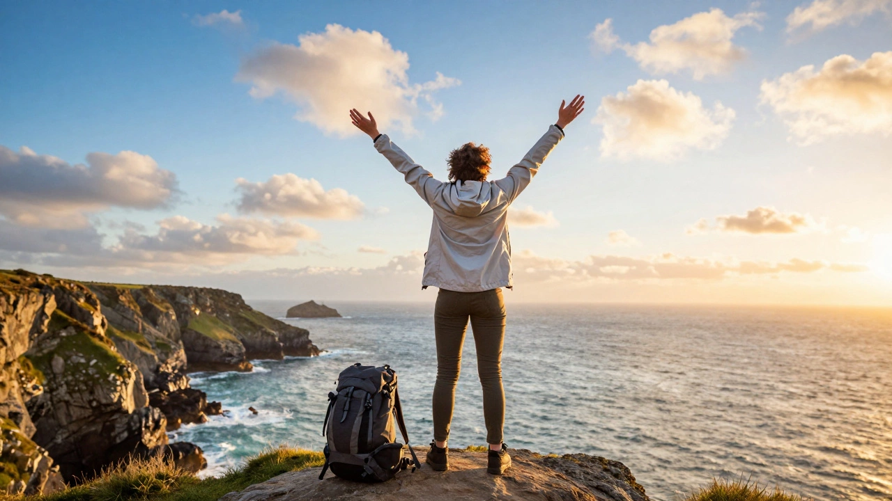 Solo traveler celebrating freedom and new opportunities on a cliff