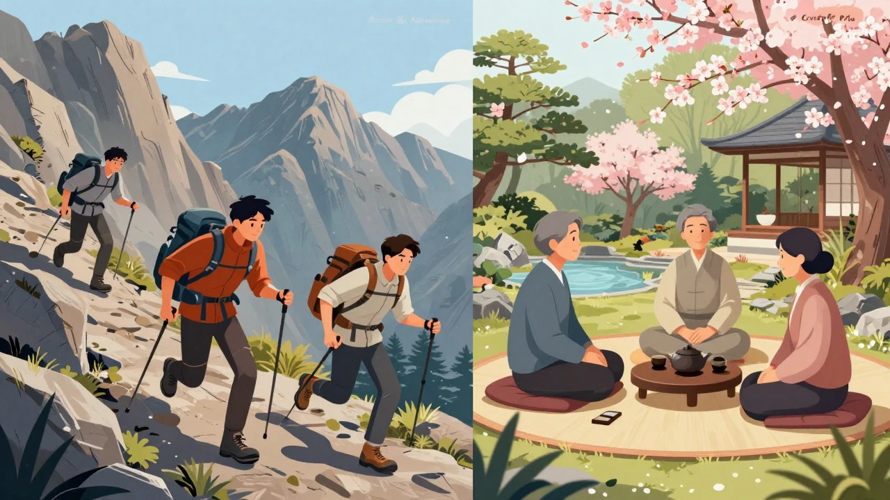 Split view showing young hikers on a trail versus older travelers relaxing in a garden