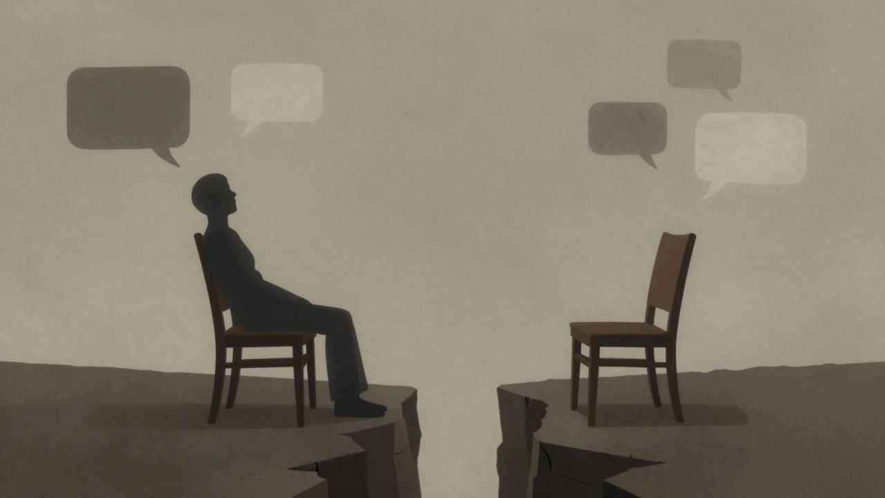 Surreal art showing two chairs separated by a void with fading chat bubbles