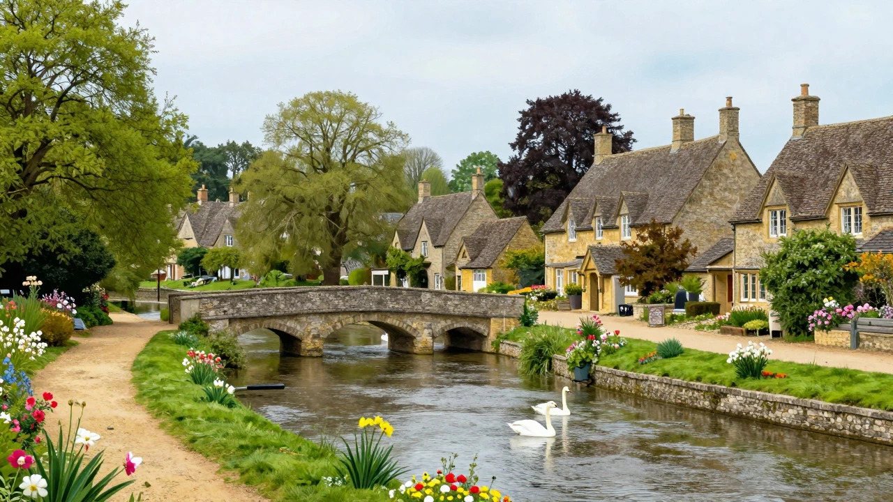 Tranquil river scene in Bourton-on-the-Water with thatched cottages and stone bridges.