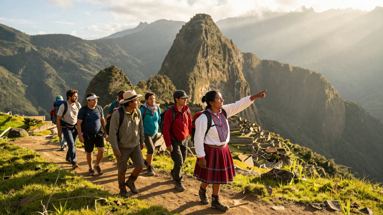 Travelers trekking in Peruvian mountains with a local guide during sunrise.