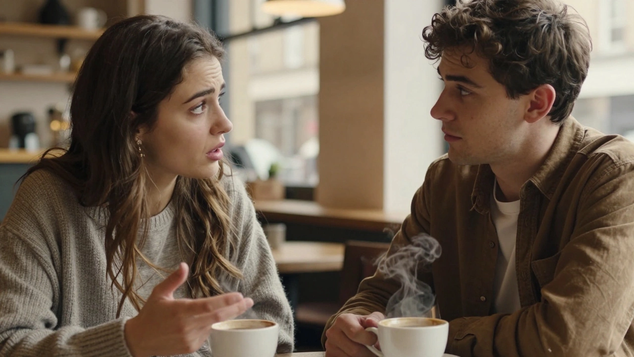 Two friends having a calm, empathetic conversation at a cafe table