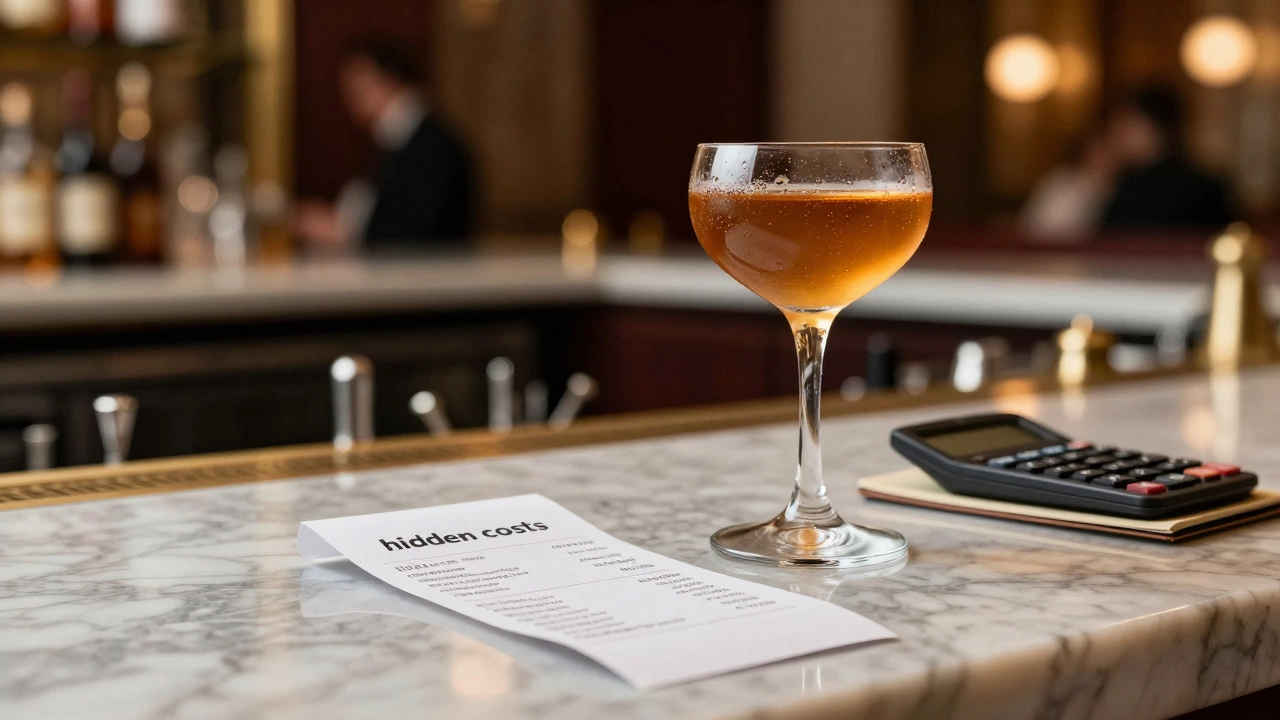 A close-up of a cocktail and a receipt on a bar counter, symbolizing the hidden extra costs of all-inclusive packages.