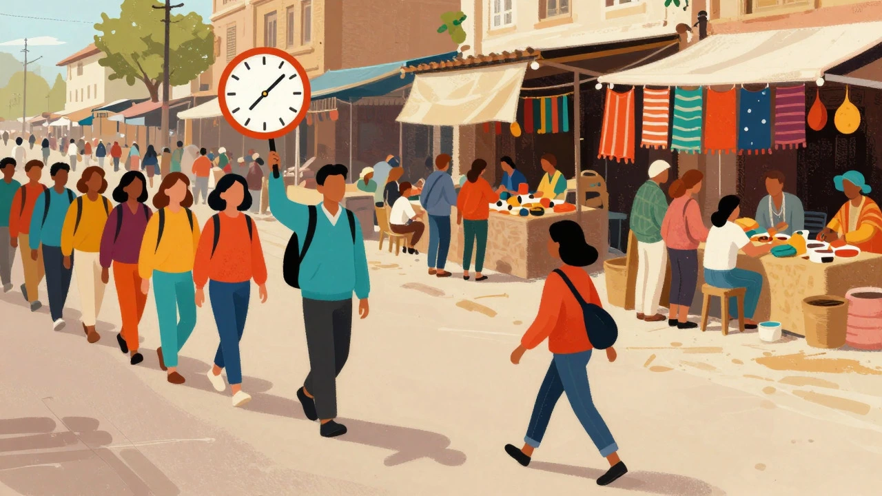 A conceptual art piece contrasting a rigid tour group with a free spirit exploring a vibrant local market.