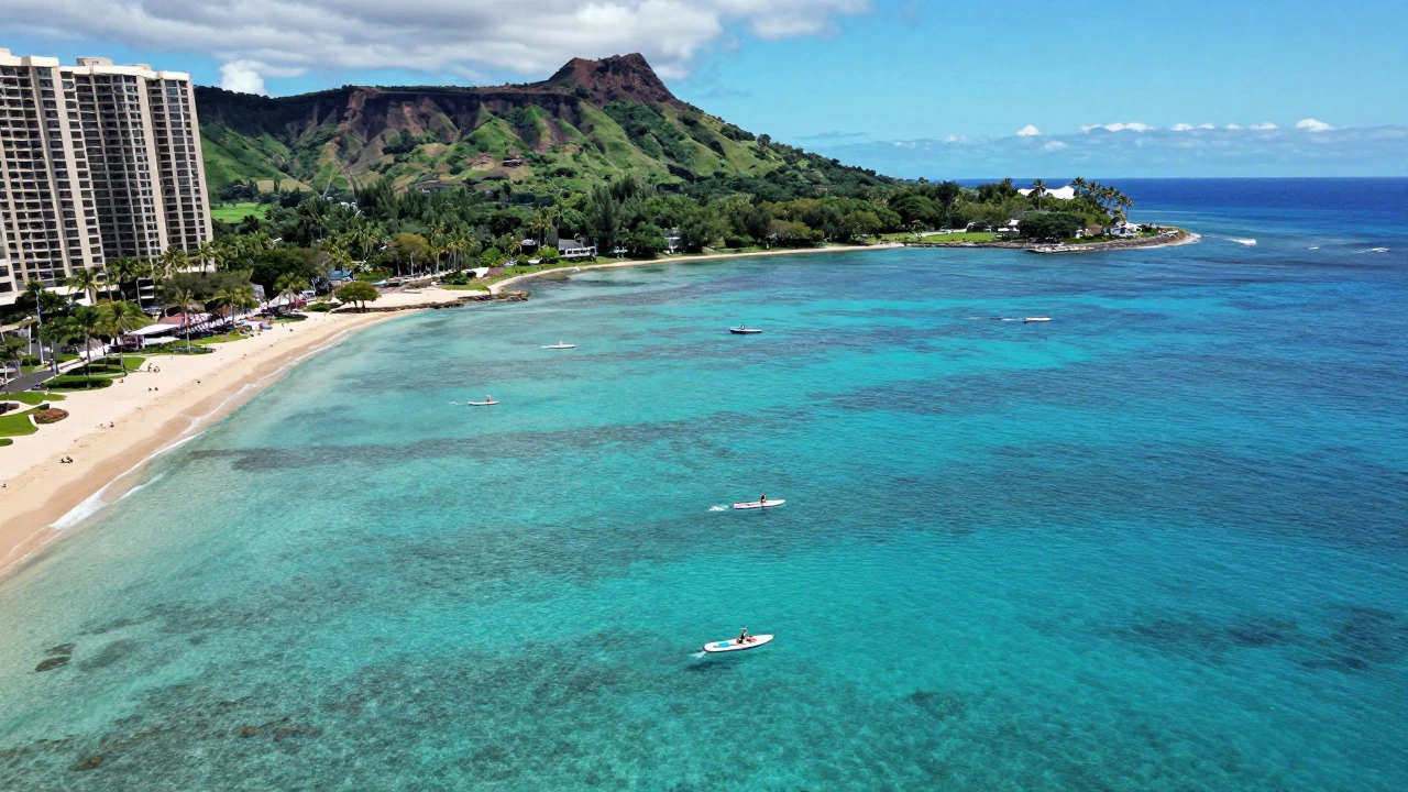 Aerial view of Waikiki Beach and Diamond Head volcano in Hawaii