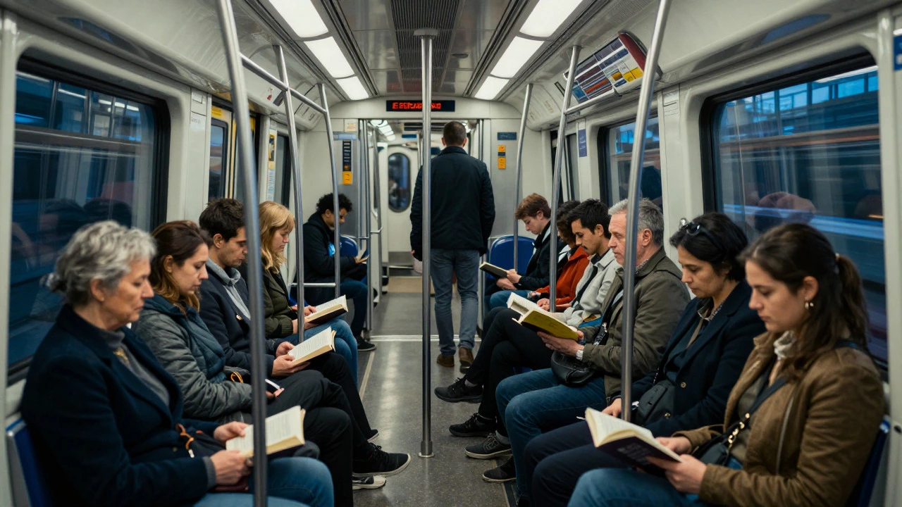 Calm commuters sitting peacefully inside a London Underground train carriage