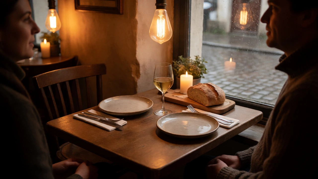 Couple enjoying a slow meal in a cozy bistro