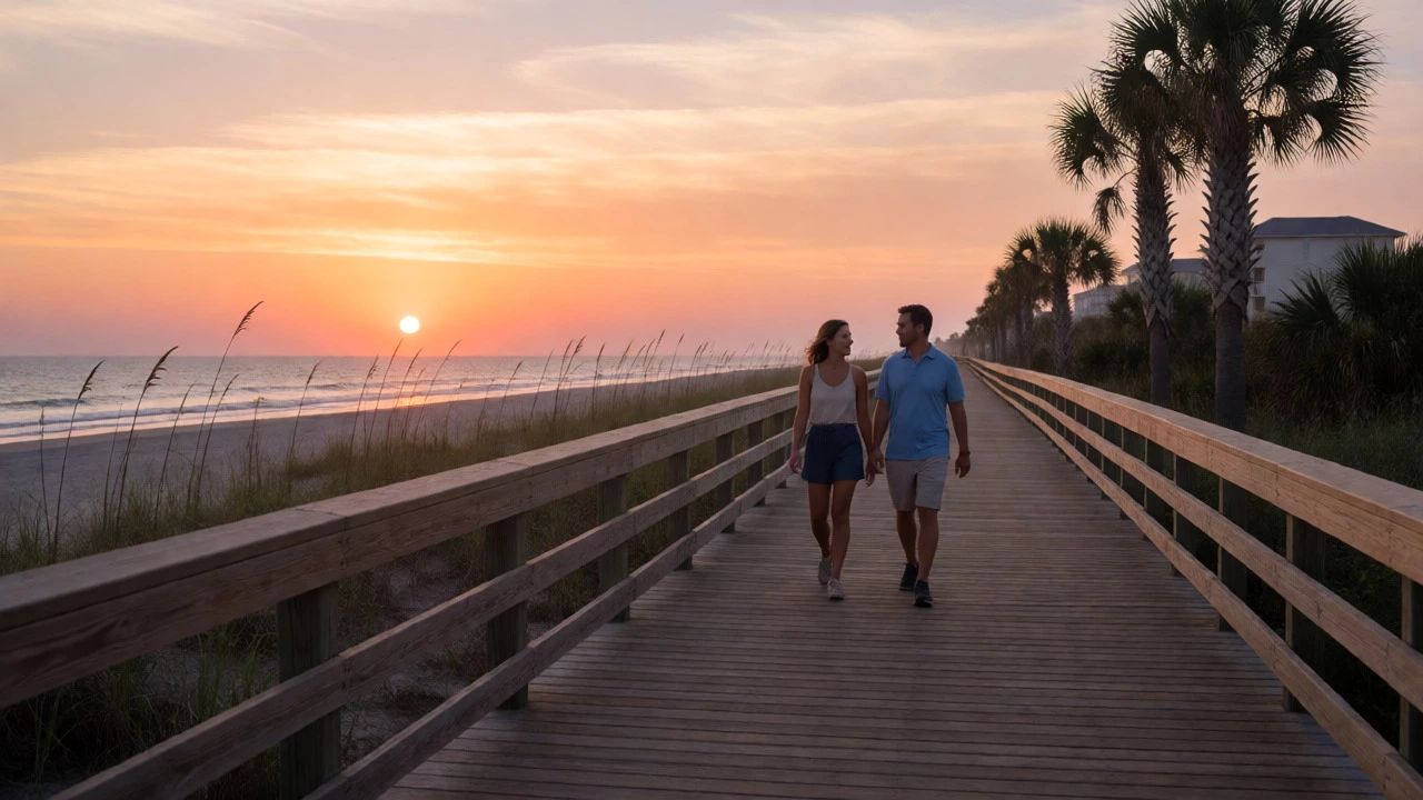 Couple walking on a quiet Myrtle Beach boardwalk during a beautiful autumn sunset.