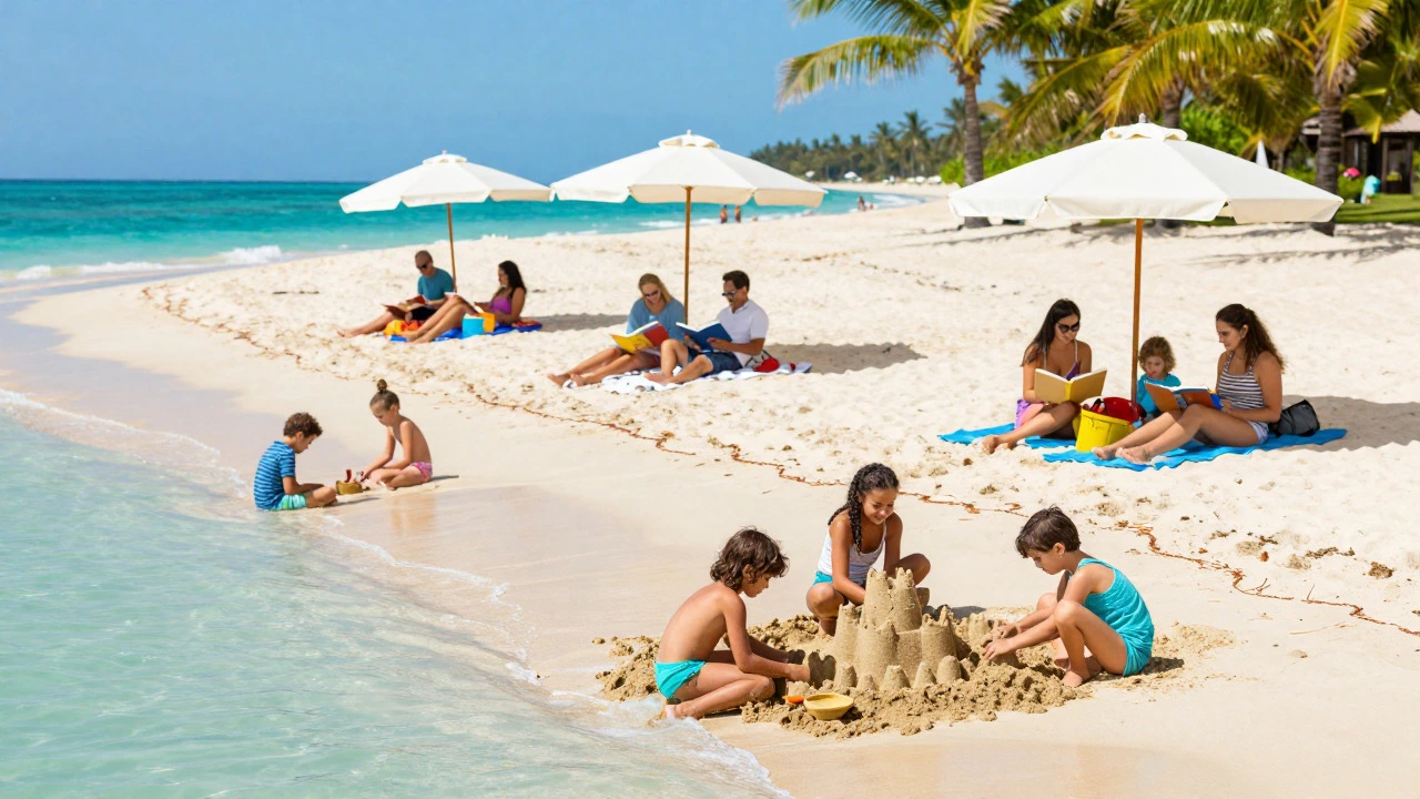 Families relaxing and playing on a sunny beach with calm water