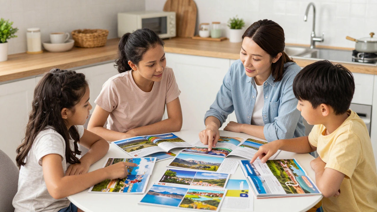 Family discussing travel options over brochures at a kitchen table