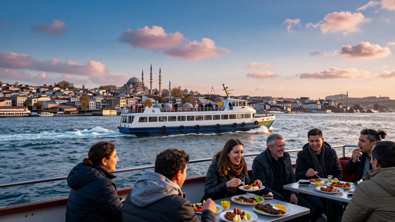 Ferry crossing the Bosphorus in Istanbul with passengers eating