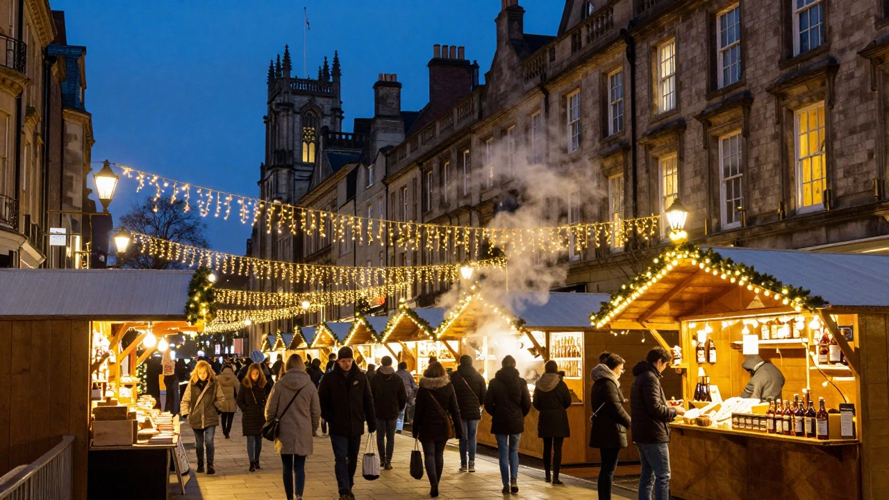 Festive Christmas market scene with warm lights and few crowds