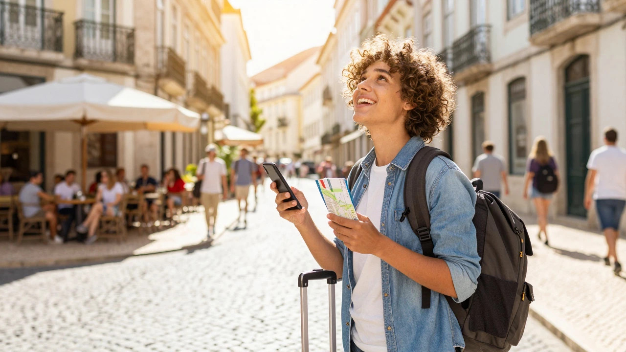 Happy traveler with backpack exploring sunny European city