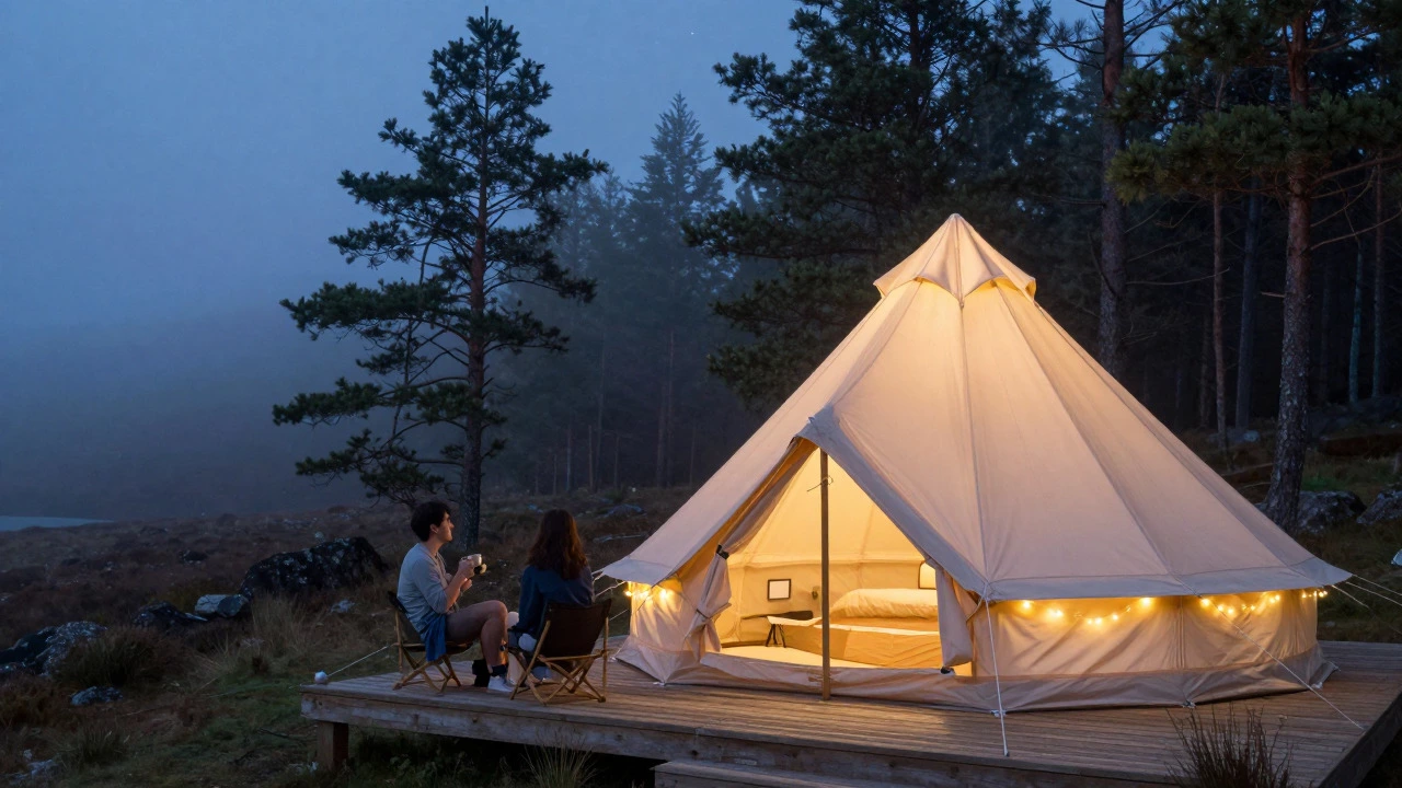 Illuminated glamping tent in the Scottish Highlands