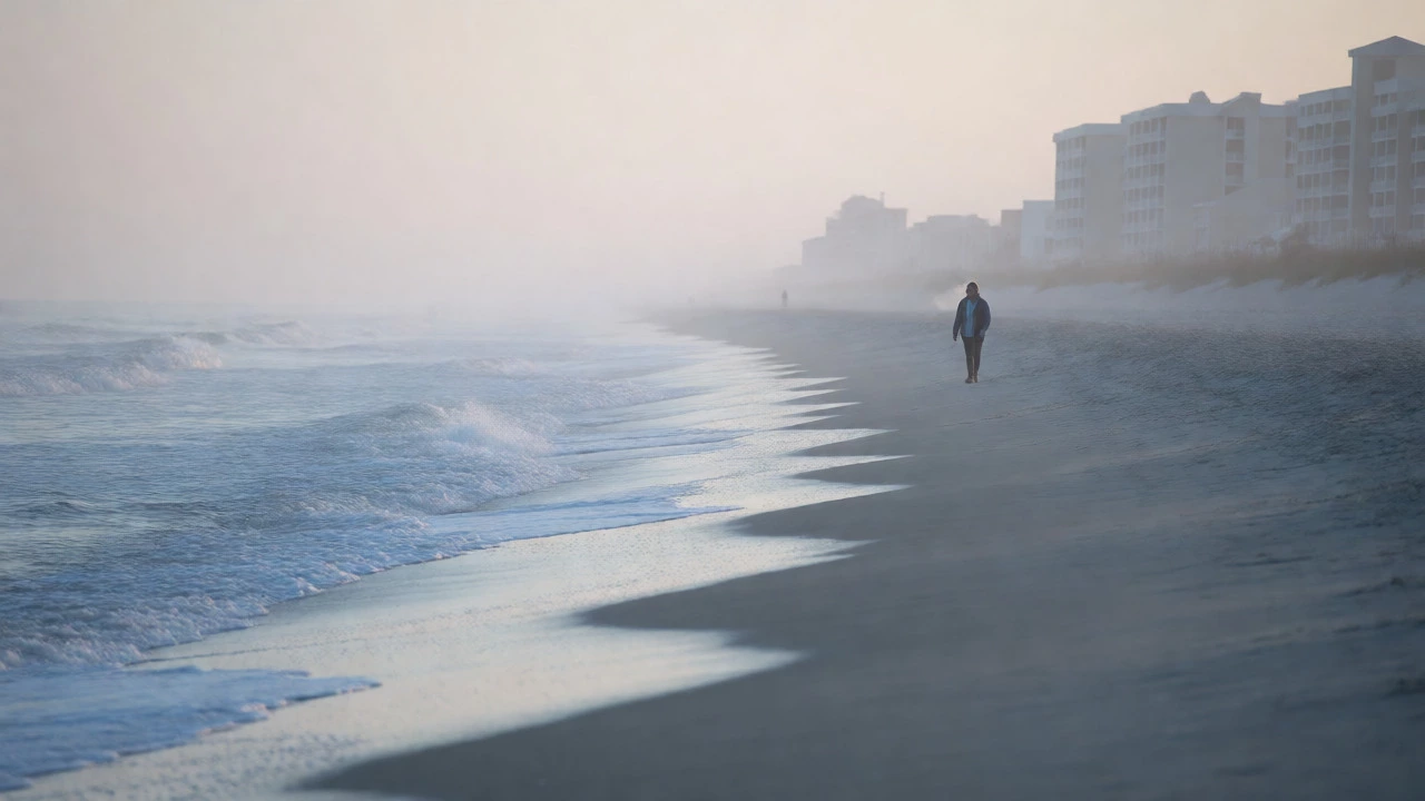 Lone person walking on an empty, misty Myrtle Beach shoreline during a cool winter morning.