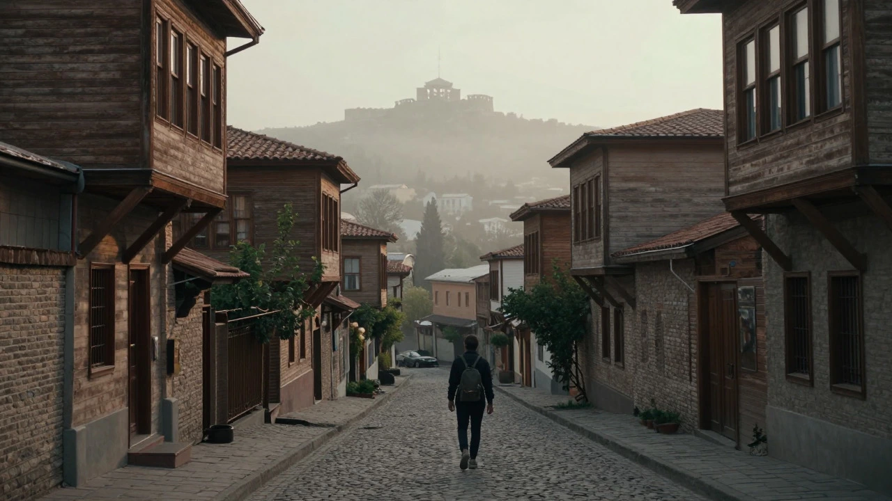 Misty morning view of Tbilisi Old Town streets and fortress