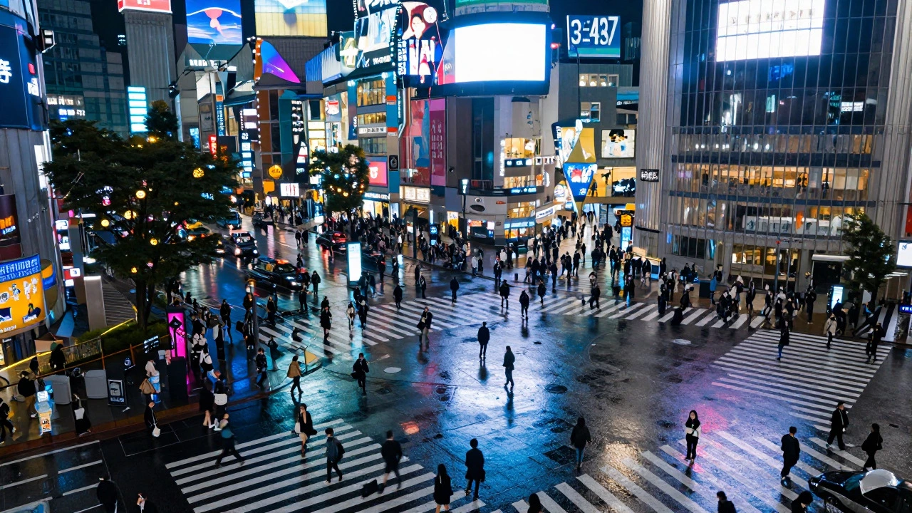 Night view of a crowded Tokyo crosswalk illuminated by neon lights