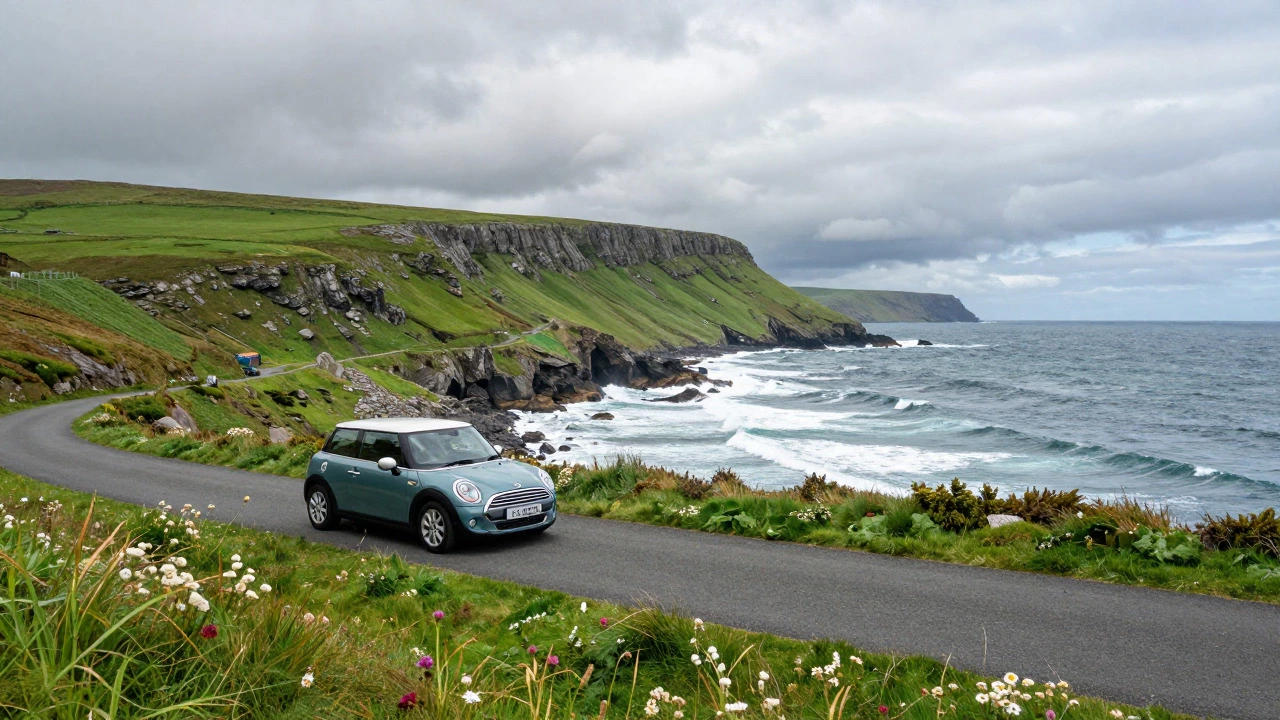 Rental car parked on a scenic coastal road in rural Scotland with rugged cliffs and ocean view