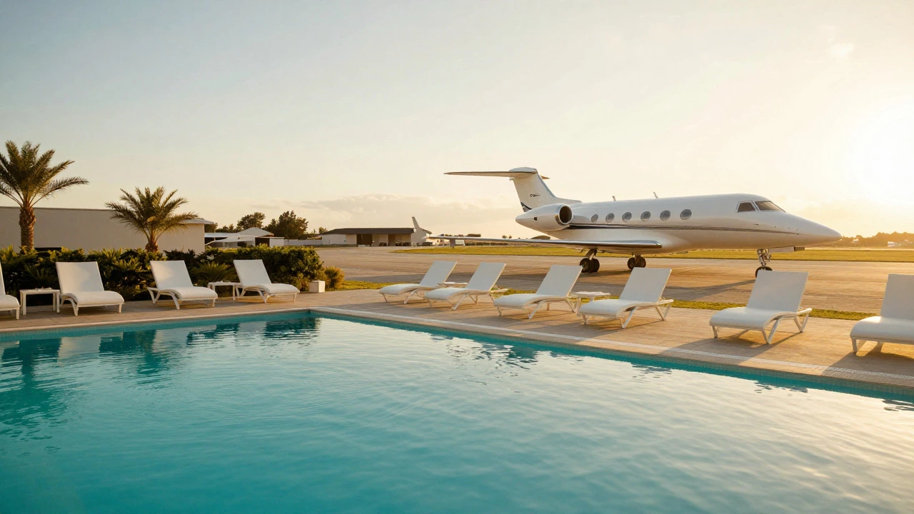 Resort poolside view with a private jet in the background