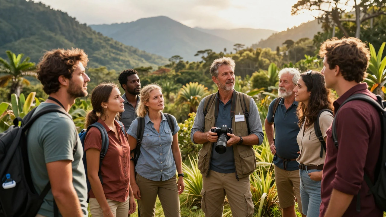 Small group of travelers listening to an expert guide with a camera in a scenic landscape.