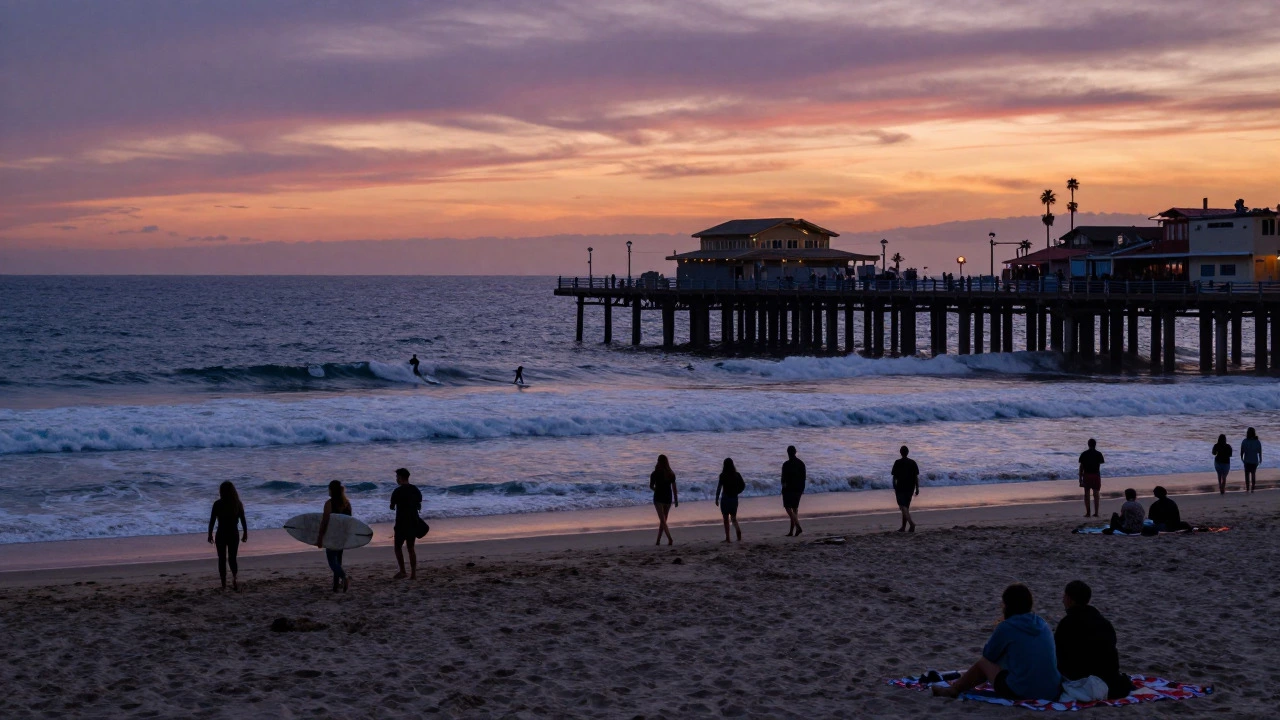 Sunset over the Santa Monica pier with surfers in the Pacific Ocean