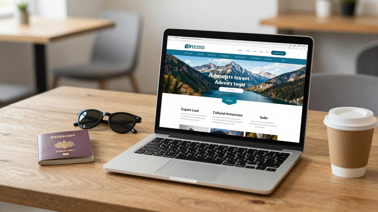 Travel planning desk with laptop showing expert-led trip options and passport nearby.