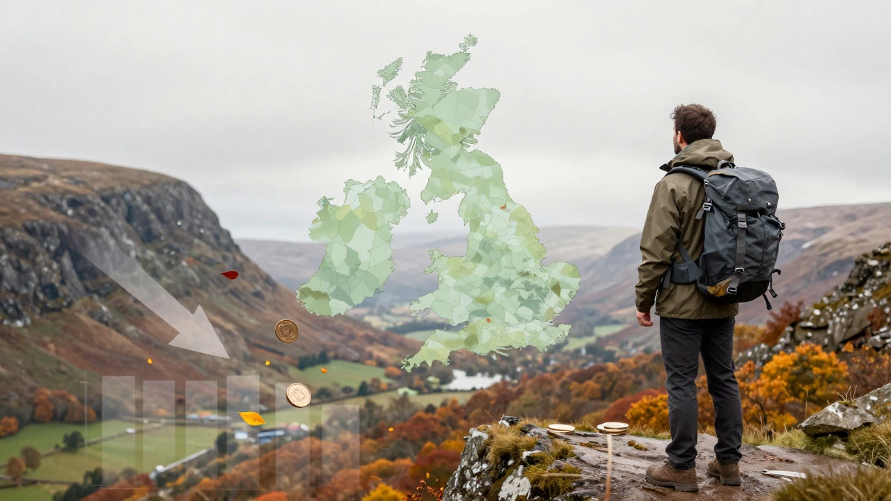 Traveler overlooking Scottish Highlands with autumn colors