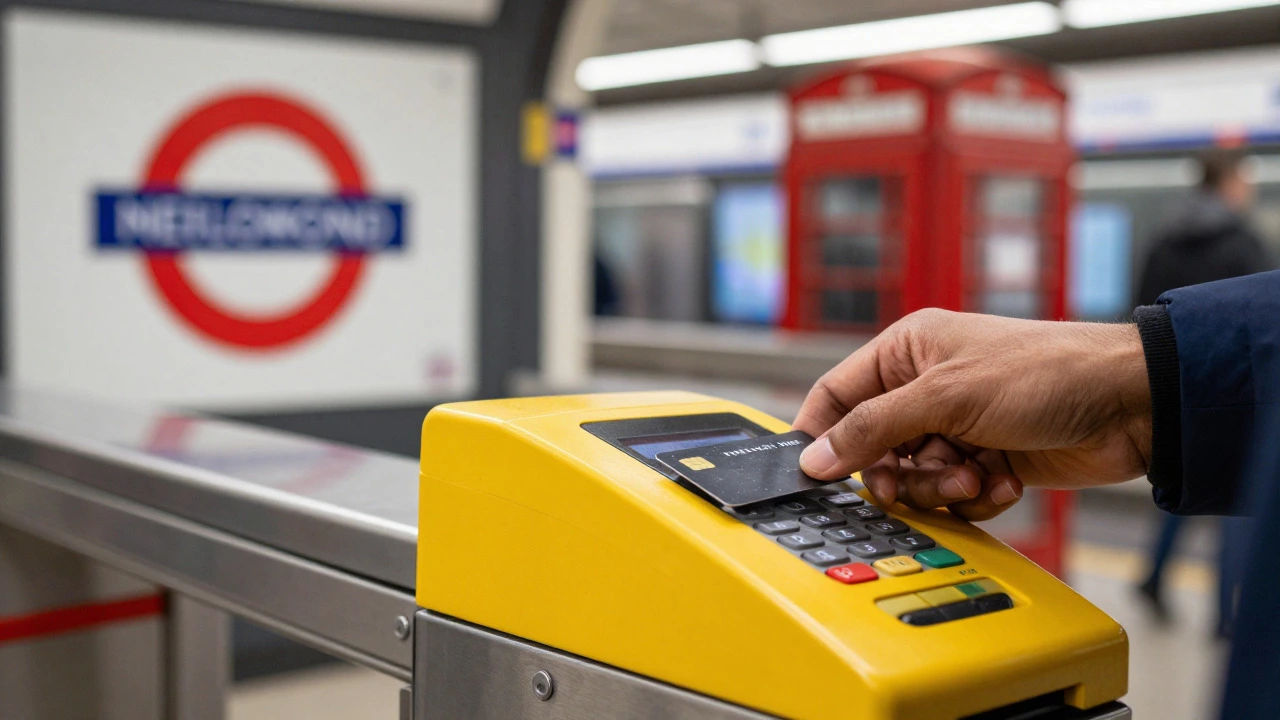 Traveler using contactless payment on an Oyster reader at a London Underground station