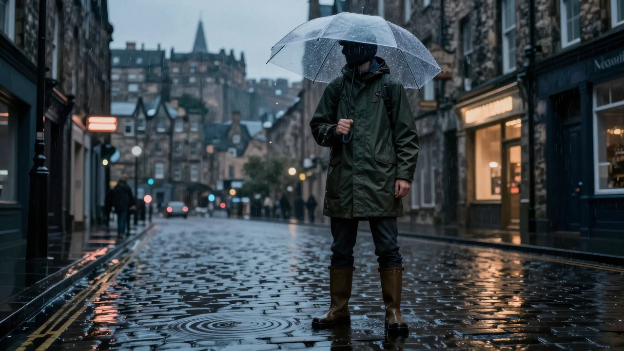 Traveler with umbrella on rainy Edinburgh street near historic castle
