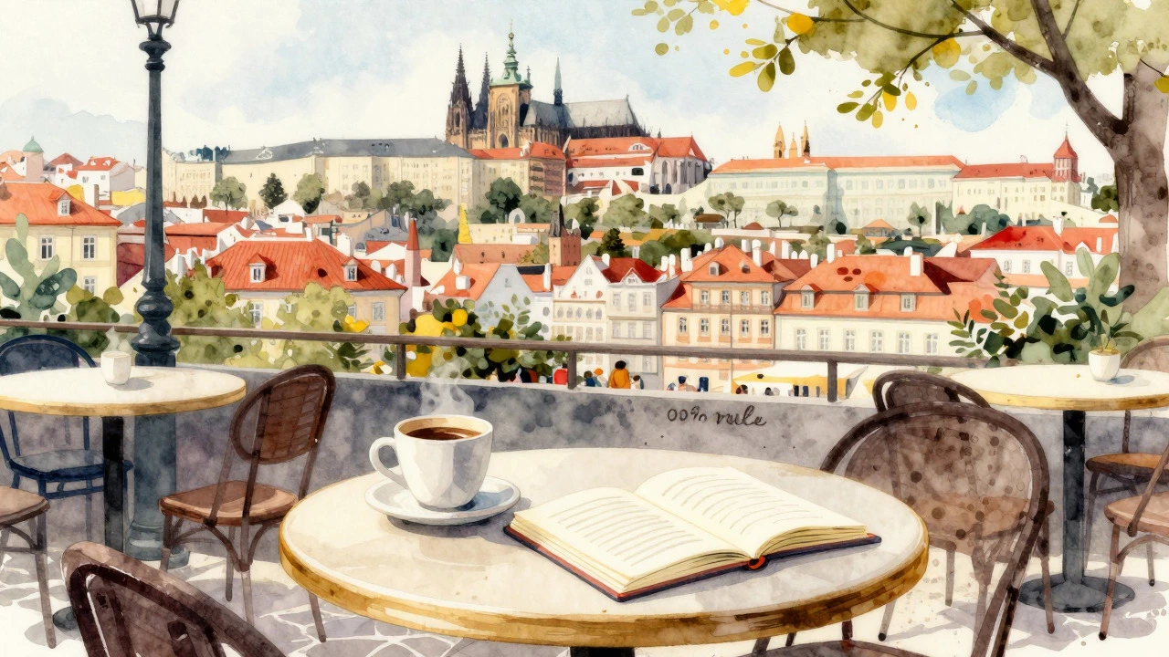 Watercolor illustration of a cafe table with a view of a historic city landmark