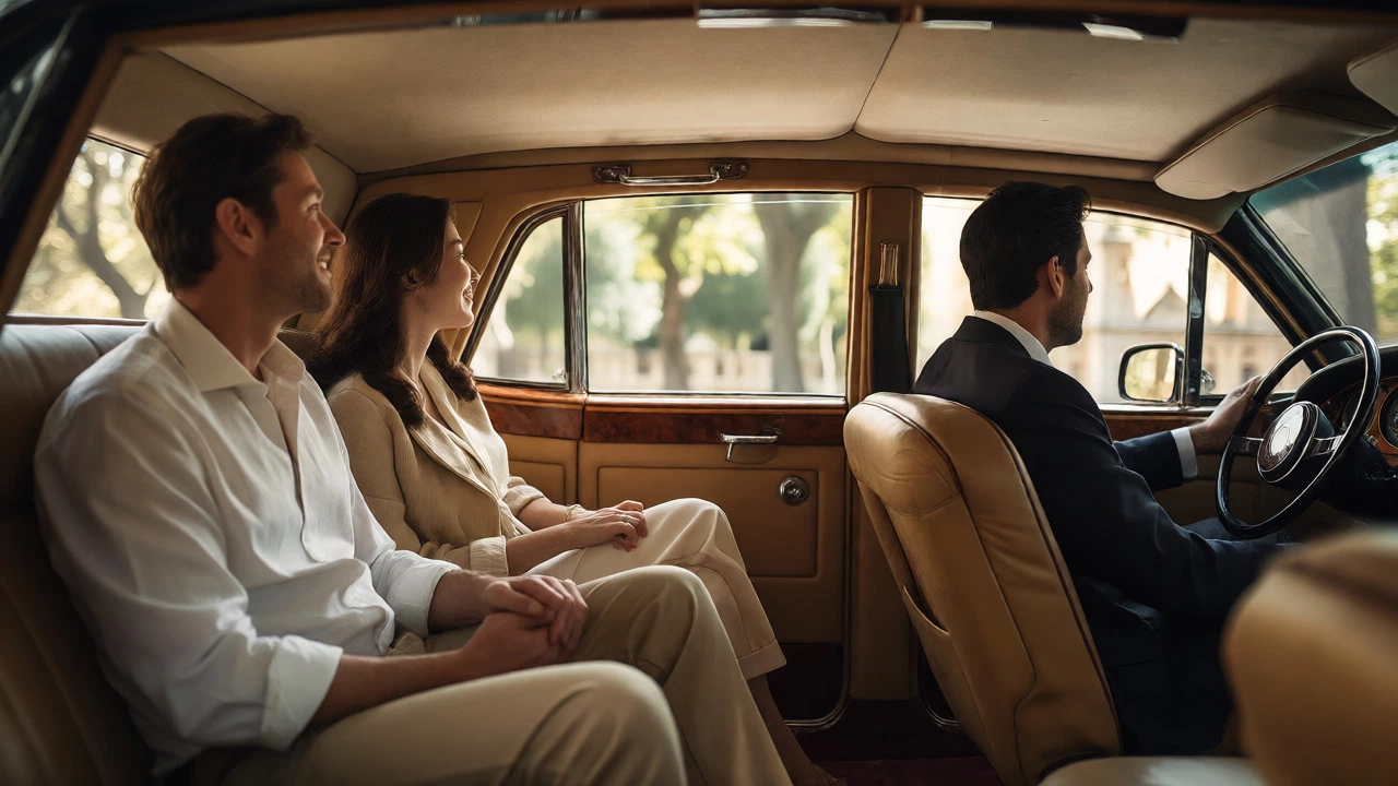 A couple relaxing in the back of a private car driven by a professional guide.