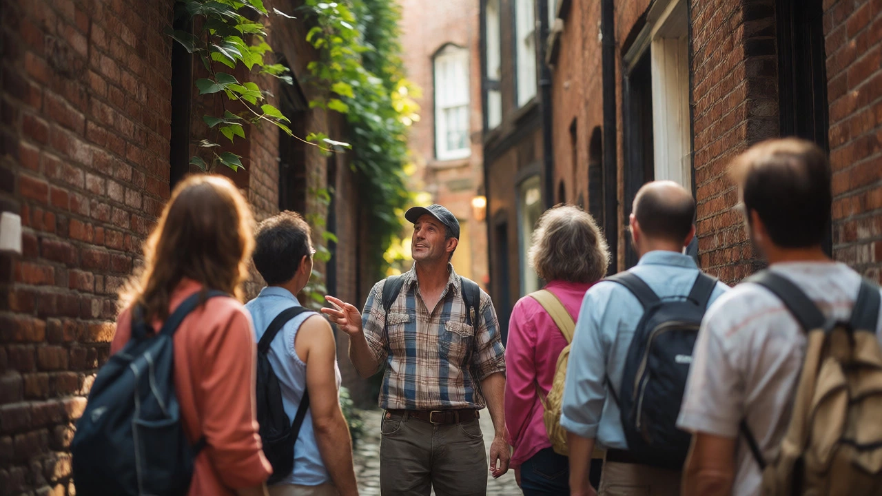 A guide leading a small group of walkers through a narrow, ivy-covered alley.