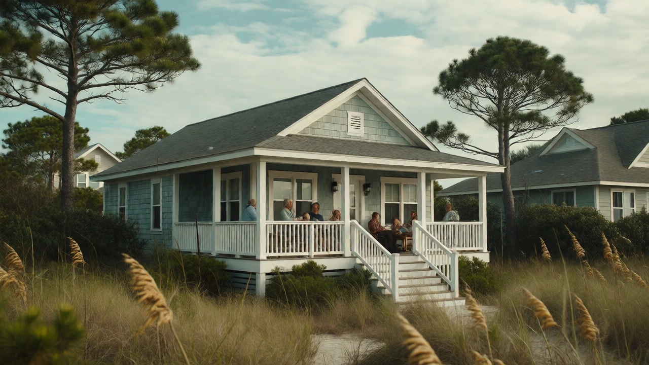 Cozy cottage in Emerald Isle, NC, with a family relaxing on the porch overlooking the ocean.