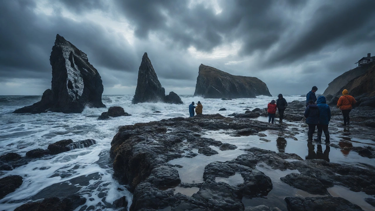 Dramatic Oregon coastline with sea stacks and visitors tide pooling near a rustic cabin.