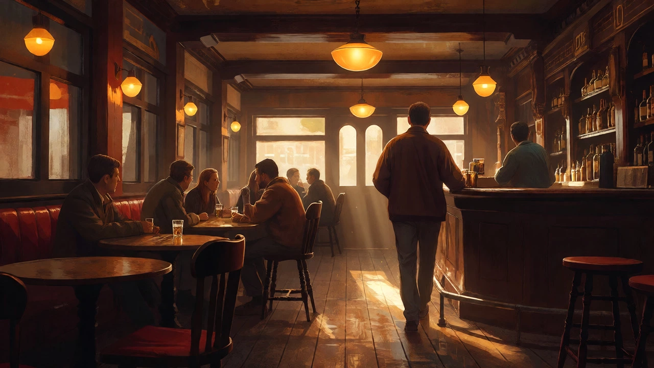 Friends relaxing in a traditional pub, ordering drinks at the bar themselves.