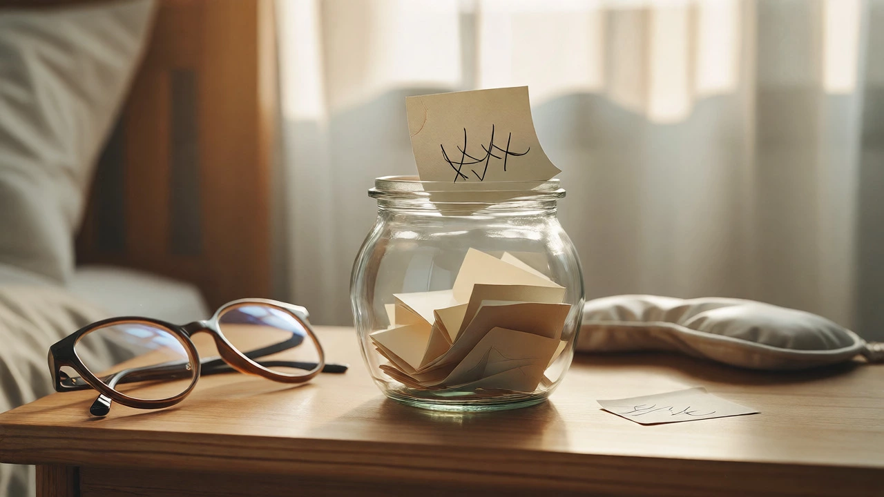 Glass jar filled with handwritten appreciation notes on a bedside table.