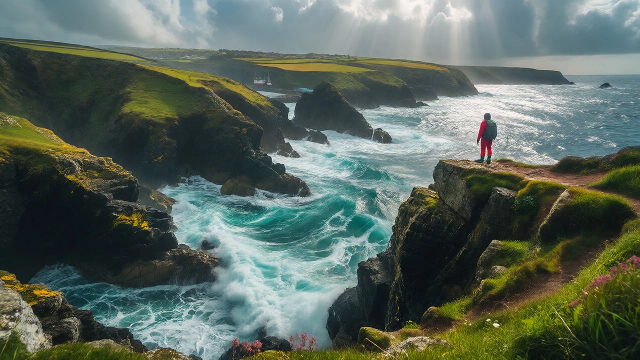 Hiker overlooking rugged Cornish cliffs and turquoise sea waves