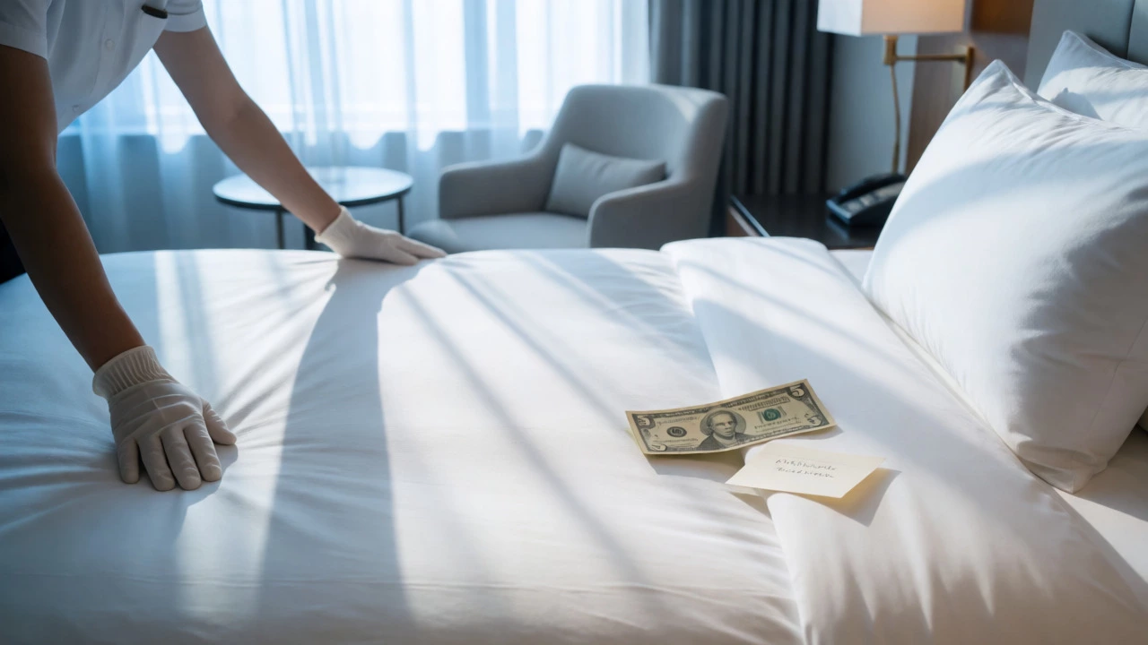 Housekeeper tidying a bed with a tip left on the pillow