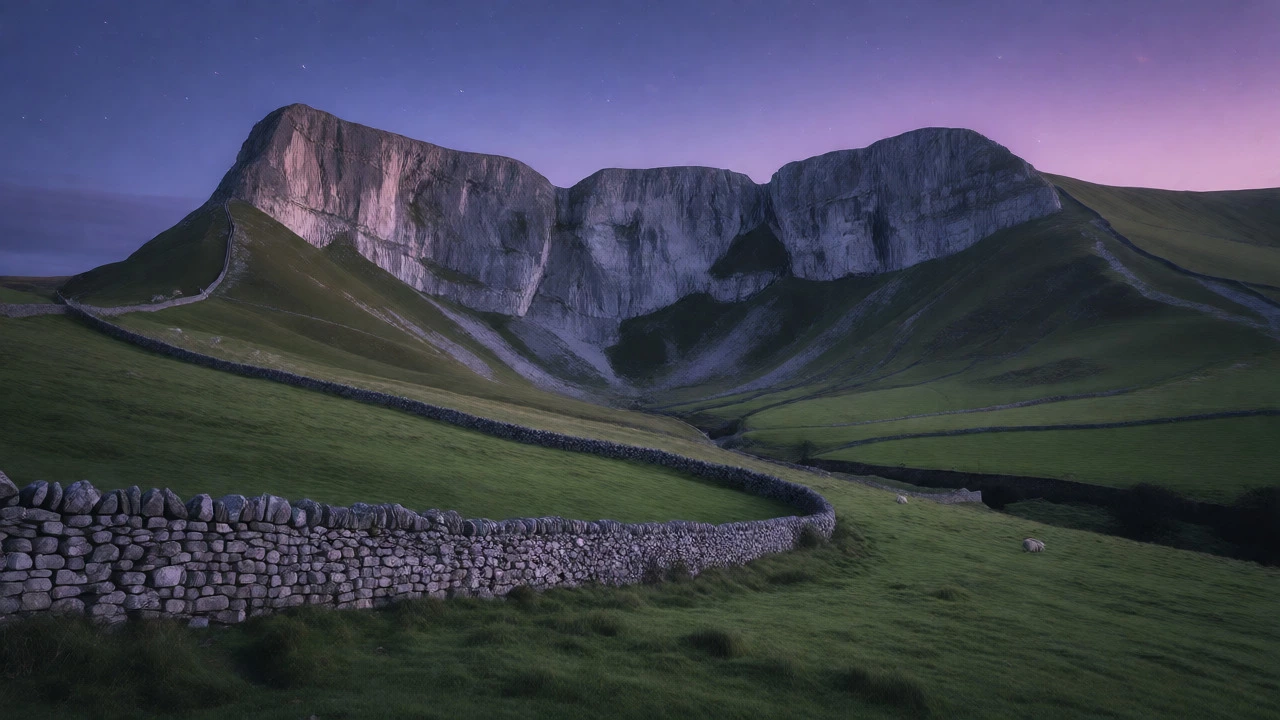 Malham Cove limestone amphitheater in Yorkshire Dales at dusk