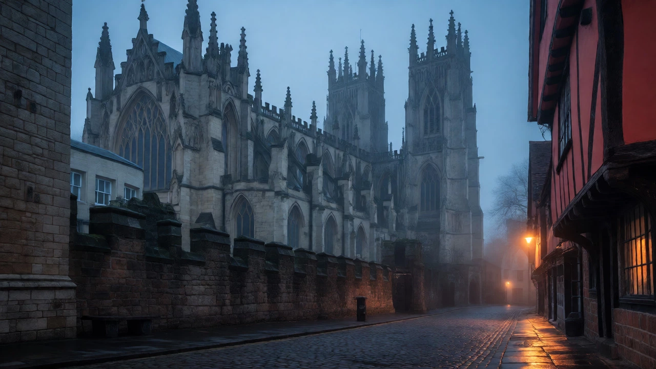 Misty morning view of York Minster and medieval cobbled streets