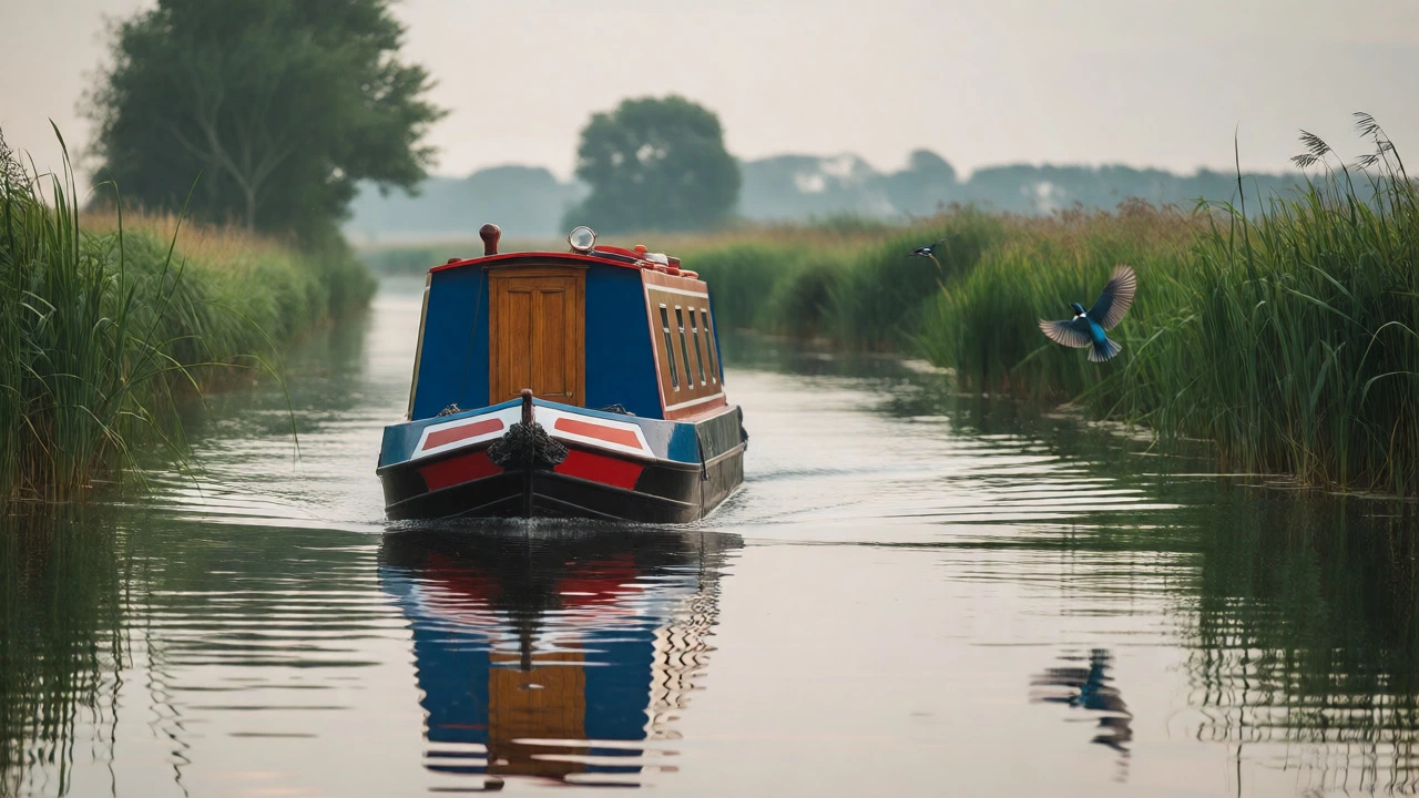 Narrowboat on calm Norfolk Broads canal with kingfishers